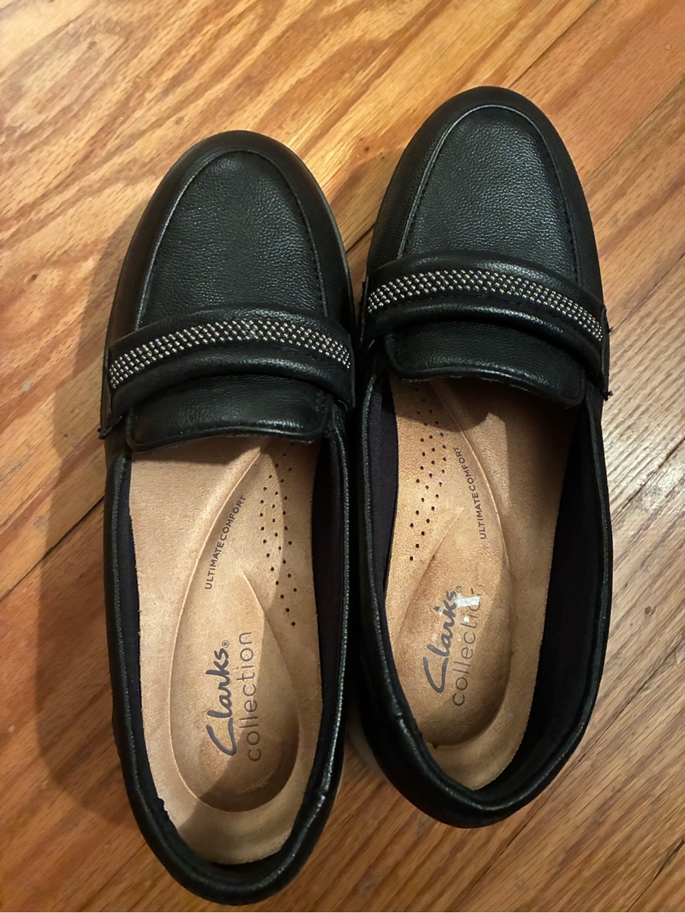 Clarks Black Slip-On Loafers with Metallic Accent
